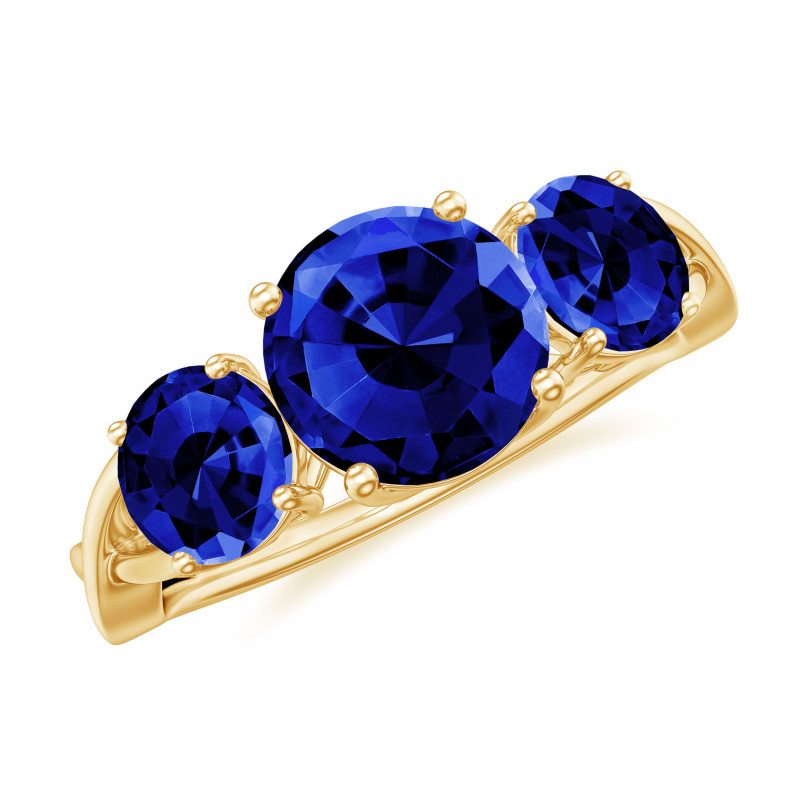 3 CT Lab Created Blue Sapphire Three Stone Engagement Ring: 