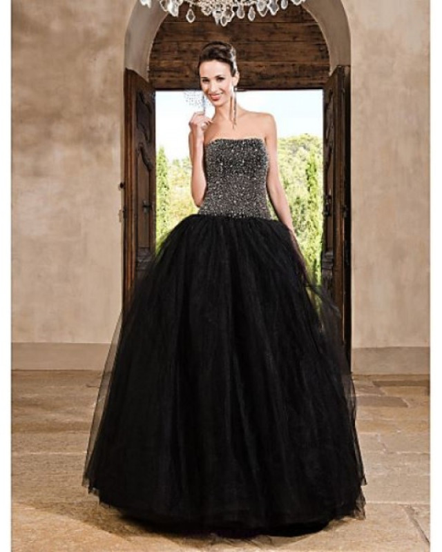 A Line Ball Gown Princess Strapless Floor Length Tulle Prom Quinceanera ...