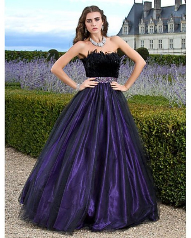 A Line Ball Gown Princess Strapless Floor Length Satin Tulle Prom Dress ...