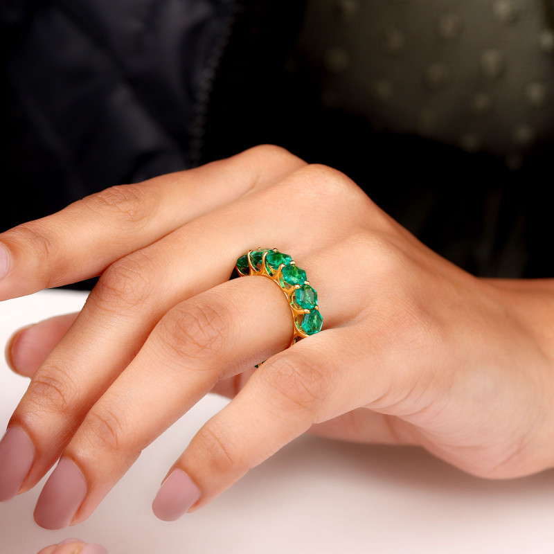 Hexagon Cut Created Emerald Full Eternity Band Ring: 