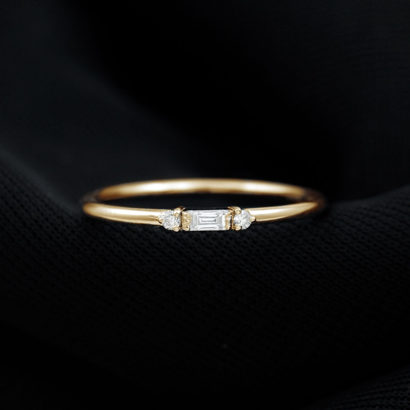 Baguette and Round Dainty Diamond Stackable Promise Ring: 