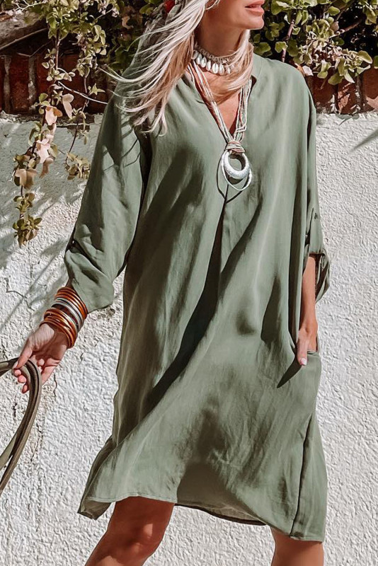 Green Roll-Tab Sleeve Notch Neck Boho Tunic Dress: 