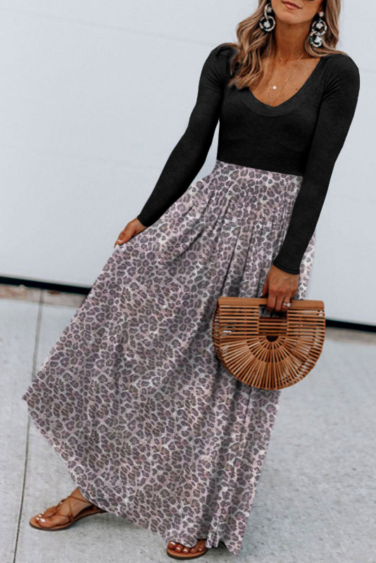 Black and Leopard Print Long Sleeve Boho Maxi Dress: 