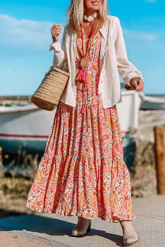 Paisley Print Long Sleeve Boho Maxi Dress: 