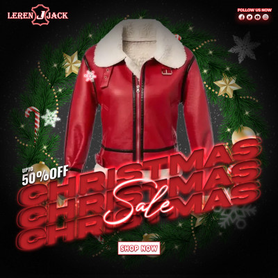 Christmas Red Leather Shearling Jacket: 