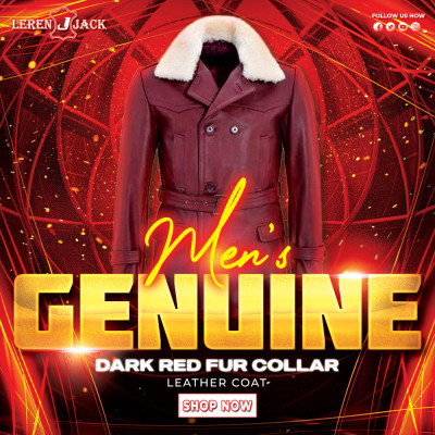 Men’s Genuine Dark Red Fur Collar Leather Coat: 