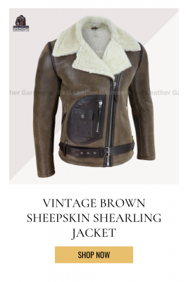 Vintage Brown Sheepskin Shearling Jacket: 