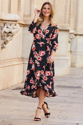 Black Floral Print Ruffle Hem Midi Wrap Dress: 