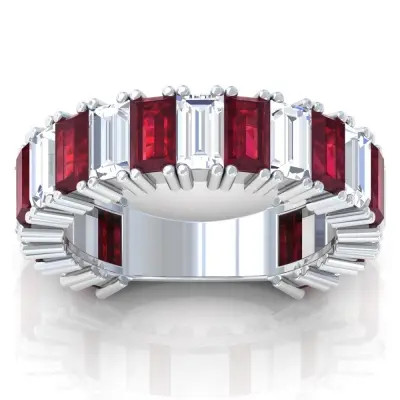 Three Fourth Eternity Diamond And Ruby Emerald Cut Four Prong Wedding Ring (6.68cttw): 