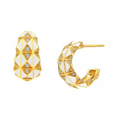 (Enamel Hoops)18K Yellow Gold with White Enamel and Diamonds: 