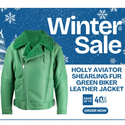 Holly Aviator Shearling Fur Green Biker Leather Jacket: 