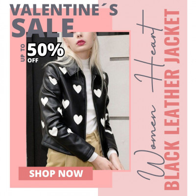 Women Heart Black Leather Jacket: 