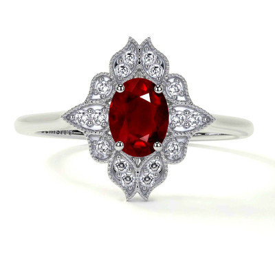 Ruby Oval Vintage Ring with Pave Set Diamond Engagement Ring: 
