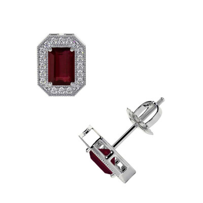 Ruby Emerald Cut Earrings With Round Diamonds: 