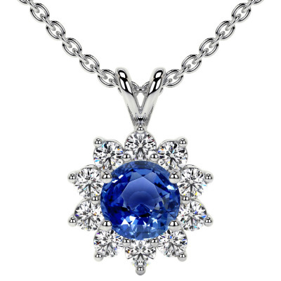 Blue Sapphire Round Halo Diana Pendant: 