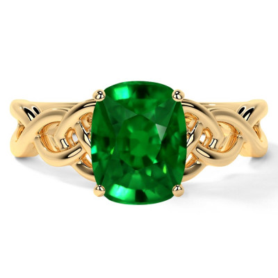 Premium Solitaire Emerald Rings GIA Certified Cushion Cut in Yellow Gold: 