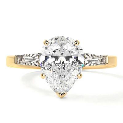 Lab Diamond Ring Modern Pear Shape Three Stone With Baguette Cuts: 