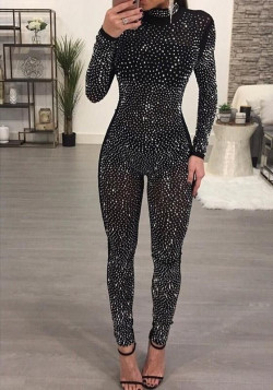 Colour outfit ideas black rhinestone catsuit, sequin jumpsuit, romper suit: 