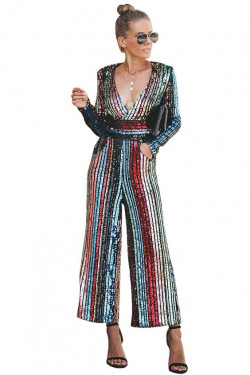 Designer outfit multicolor sequin jumpsuit one piece garment, street fashion: 