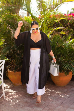 Chic and comfy women's summer outfits, black cardigans, wide leg trousers, cool beach party outfit: Beach outfit,  Plus size outfit  