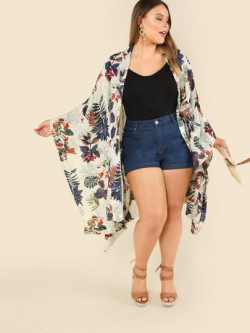 Outfit with kimono, denim shorts, beach vacation outfits, beach cover ups, resort wear: Plus size outfit  