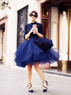 Knee length navy blue puffy dress, tulle skirt outfit: Ballerina skirt  