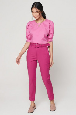 Puff Sleeve Round Neck Blouse With Pink Pants: 