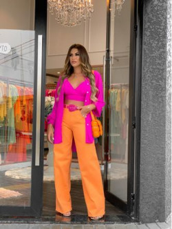 Orange color plazzo pant outfits, long sleeve v neck top, party outfit,: High Waisted  