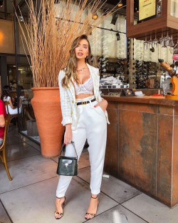White outfit ideas with t-shirt, trousers, crop top high waist pants outfit, trendy party attire, casual clothing: High Waisted  