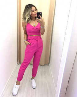 Pink color outfit with high waisetd two piece, women's trendy fashion, classy fancy trousers, teenager outfit: 