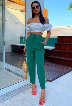 Zara Green High Waisted Pants With White Off-Shoulder Top: High Waisted  