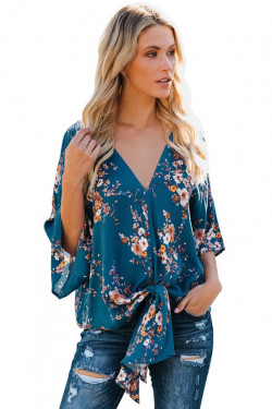 Short sleeve floral v-neck chiffon tops, summer floral blouse outfit, street style fashion: 
