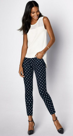 Outfit ideas with polka dot trousers, white sleeveless top, elegant summer work attire, modern office clothing: Work Outfit,  tank top  