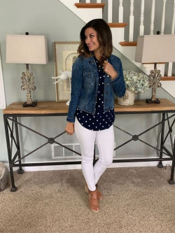 Classy outfit with jean jacket, dress shirt, trousers, polka dot tops, women's trendy business casual, spring outfits: 