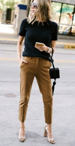 Black top and brown trouser outfit, smart casual, business attire, comfortable work outfits: Work Outfit  