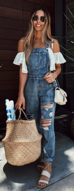 Outfit style summer outfits overalls, cold shoulder white top, street fashion, denim romper suit, summer style, dangri dress: DENIM OVERALL  