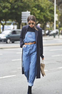 Winter attire ideas with dungaree, black blazer, long coat, luggage and bags, denim overalls, stylish fancy dungaree outfits: DENIM OVERALL  