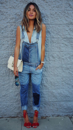 Denim overalls with heels high heeled shoe, denim overalls, jumpsuit dress, cute hairstyle on dungaree: DENIM OVERALL  