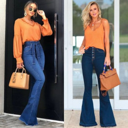 Orange and blue outfit ideas with flare jeans, wide leg jeans: 