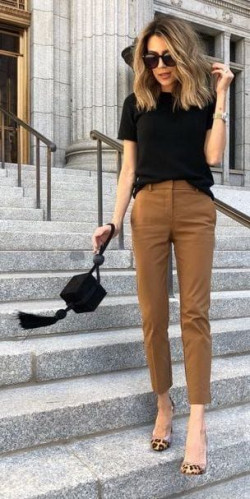 Black top and brown pants, casual office outfit ideas, women's attire: 