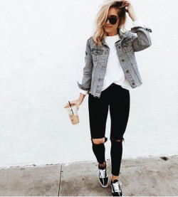 White T-Shirt And Black Ripped Jeans Female Outfit: 