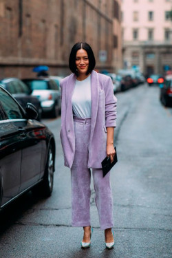 Color suit outfit in street fashion, burgundy fashion, street style, aesthetic lavender dresses, women's fashion: 