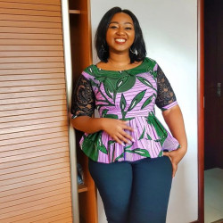 Purple colour outfit ideas with ankara blouse, trouser, stylish ankara top, plus size top: ankara tops,  Ankara With Denim  