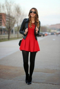Leggings Under Jacket and Red Mini Dress: Black Leggings  