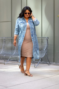 Lookbook with denim dress for plus size pregnant women: Maternity clothing  