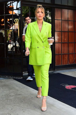 Rita ora in suit luggage and bags, street fashion, dress shirt: Neon Dress  