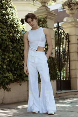 White flared pants femboy clothing, men's clothing: 