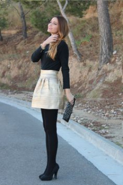 Look inspiration skirts with leggings, street fashion: Black Leggings  