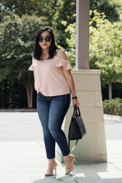 Pink outfit inspiration with top, jeans: 