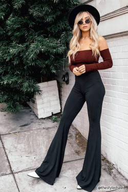 Flared pants outfit ideas, street fashion: 